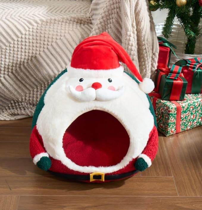 CATISM Christmas Cat Bed - Cat Bed for Indoor Cats, Cute Santa Claus Cat Beds with Warm Cushions Removable Cave with Non-Slip Bottom