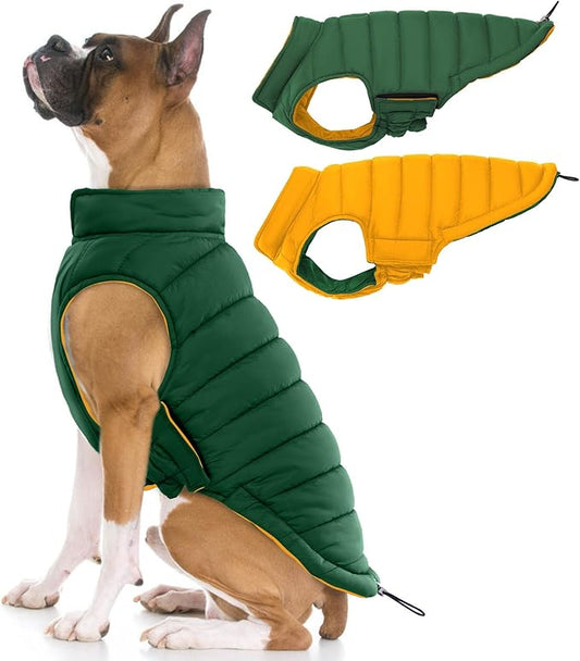 Lelepet Reversible Dog Coat Waterproof Dog Jacket Windproof Puffer Vest for Winter Warm Lightweight Coats for Medium Dogs Adjustbale Hook & Loop Pet Apparel with Leash Hole, French Bulldog, Green L