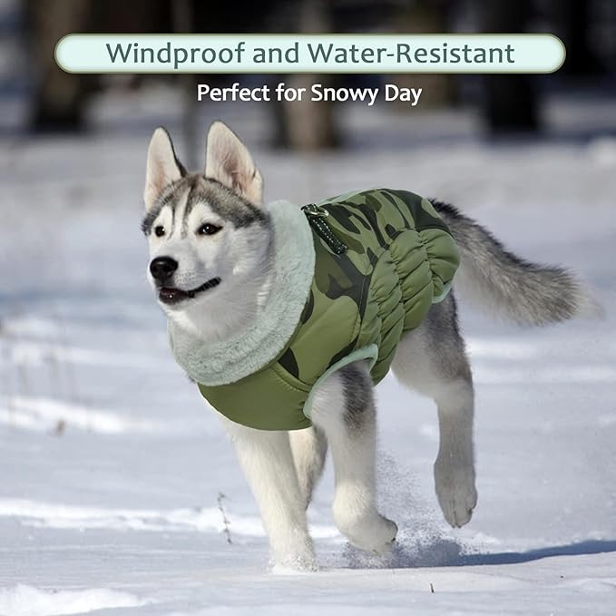 Lelepet Dog Coat Warm Dog Winter Coat Waterproof Dogs Jacket with Harness Built in Reflective Pet Fleece Vest Zip-Up Cold Weather Coats for Large Dogs Turtleneck Windproof Boston Terrier Green Camo L