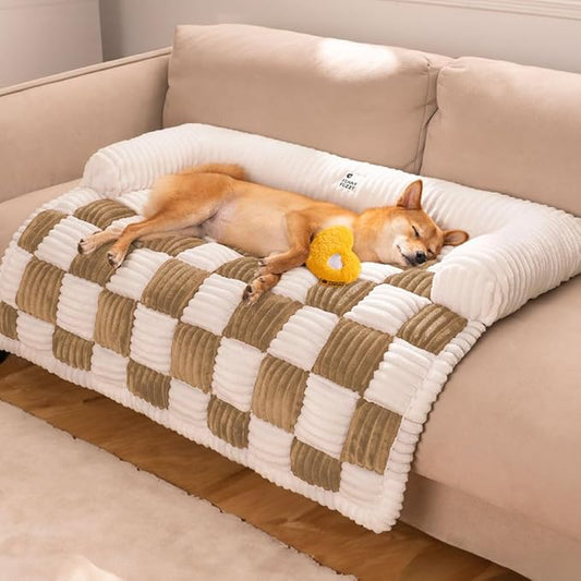 FUNNY FUZZY Pet Couch Covers for Sofa, Large Dog Couch Bed Cover Cream Square Plaid Washable Pet Mat for Furniture Protector Sofa Cover for Dogs, Large, Light Brown