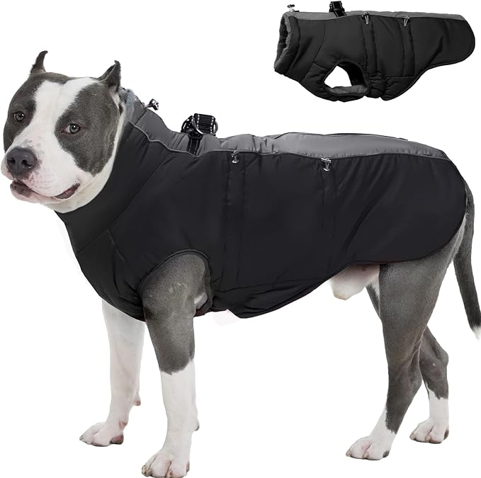 Dog Winter Jacket - XX Large, Warm Zip Up Snowsuit Dog Harness Vest, Reflective, Water-Resistant, Black