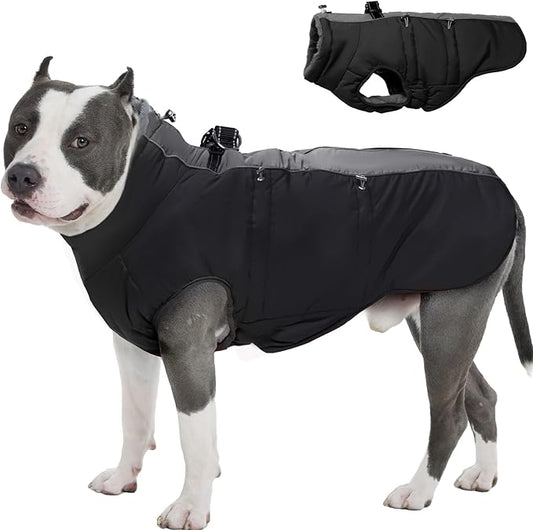 Dog Winter Jacket - XX Large, Warm Zip Up Snowsuit Dog Harness Vest, Reflective, Water-Resistant, Black