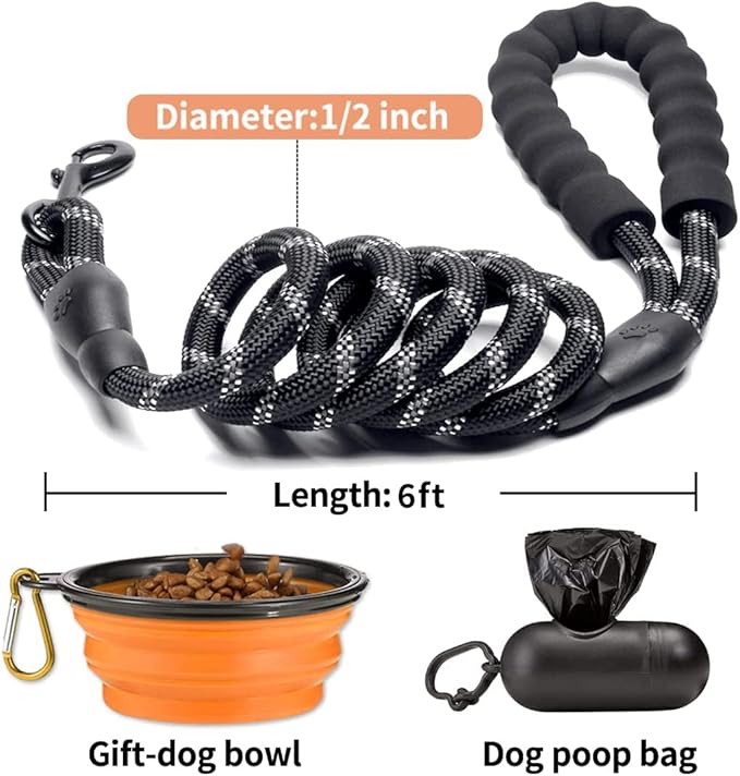 COOYOO 2 Pack Dog Leash 6 FT Heavy Duty - Comfortable Padded Handle - Reflective Dog Leash for Medium Large Dogs with Collapsible Pet Bowl Set 7-Black+Orange