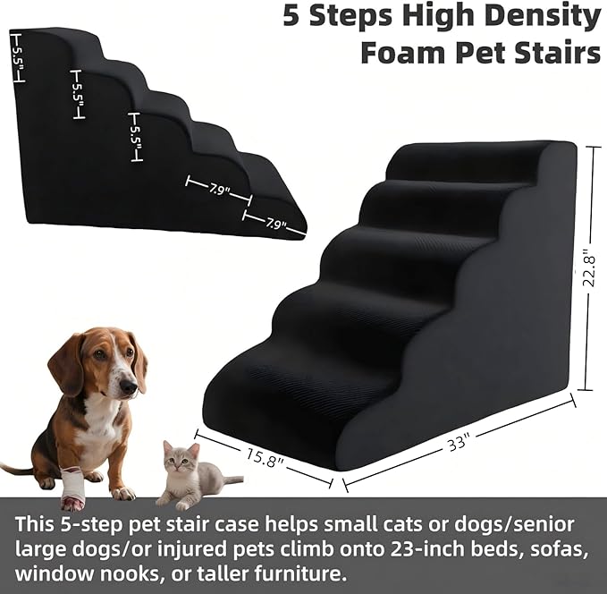 5 Step Pet Stairs Ramp for High Beds Sofas 23-30 Inch with Sturdy Non Slip Waterproof Pads, Machine Washable Cover Indoor Balanced Design for Cats Dogs Small Medium Large XL Pets Black, Large