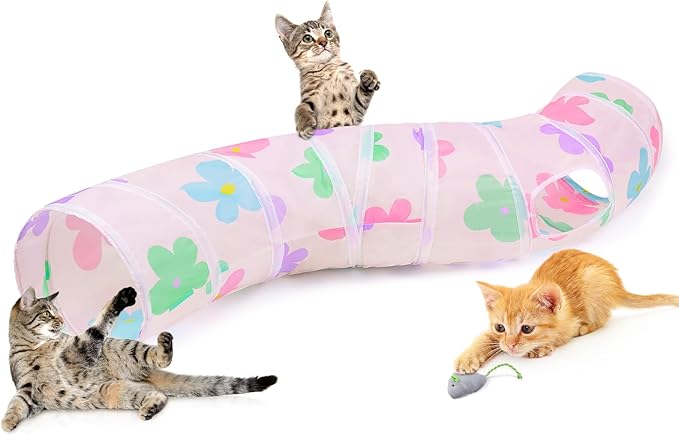 Glittme Cat Tunnel, Cat Tunnels for Indoor Cats, S-Shape Cats Cave with Cat Toys, Foldable Cat Tubes and Tunnels for Cats, Rabbit, Puppy, Guinea Pig