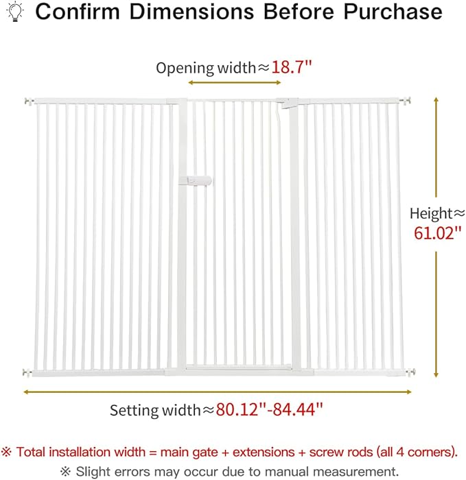 Lumizone Extra Tall Cat Gate 61.02" High Pressure Mounted Extra Wide 2025 New (17 Sizes) 1.37" Gap No Drilling Auto-Close One-Handed Operation Tall Pet Gate (White, 80.12"-84.44"/203.5-214CM)