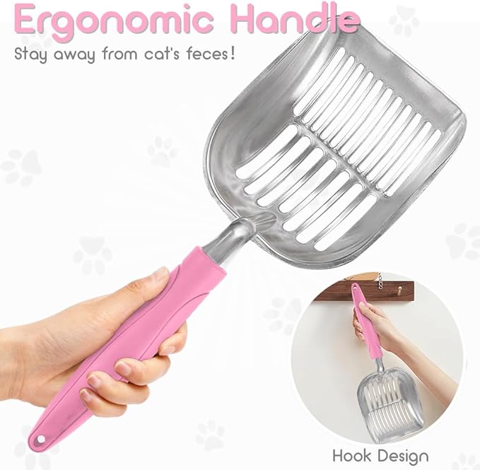 Cat Litter Scoop, Metal Cat Scooper, Plastic Handle Scoop, Sifting Shovel – Heavy Duty Aluminum Alloy Litter Box Scoop with Deep Mesh, Design for Easy Waste Removal and Cleaning(Pink)