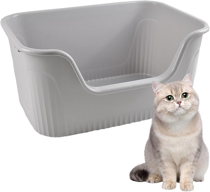Large Cat Litter Box with High Sides,17.5"x15"x8.9" Open Top Cat Litter Pan Anti Splashing Non-Stick Litter Tray Low Entry Cat Litter Boxes Jumbo Kitty Litter Toilet Easy Clean for Cats(Gray)