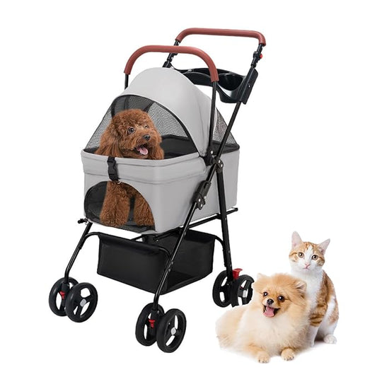 Pet Stroller-Folding 4 Wheels Cat/Dog Stroller for Medium Small Pets with Storage Basket and Cup Holder Suitable for Going Out and Traveling (Grey)