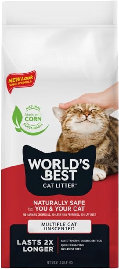 WORLD'S BEST CAT LITTER Multiple Cat Unscented, 32-Pounds - Natural Ingredients, Quick Clumping, Flushable, 99% Dust Free & Made in USA - Long-Lasting Odor Control & Easy Scooping
