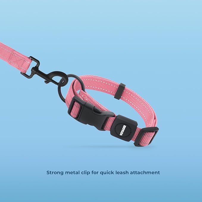 Voyager Reflective Dog Leash Collar Set with Neoprene Handle Supports Small, Medium, and Large Breed Puppies, Cute and Heavy Duty for Walking, Running, and Training - Pink, L