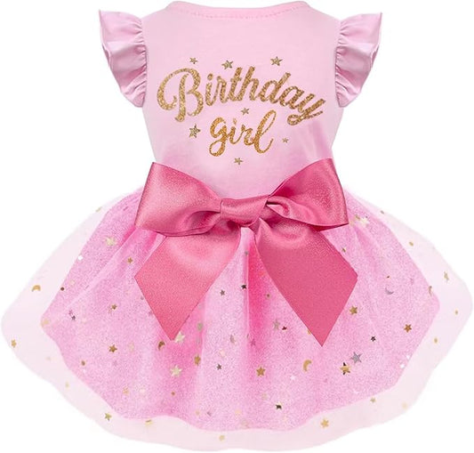 Dog Birthday Dress Tulle with Big Bowknot Princess Dog Birthday Outfit Girls Doggie Dresses Clothes Small Pink S