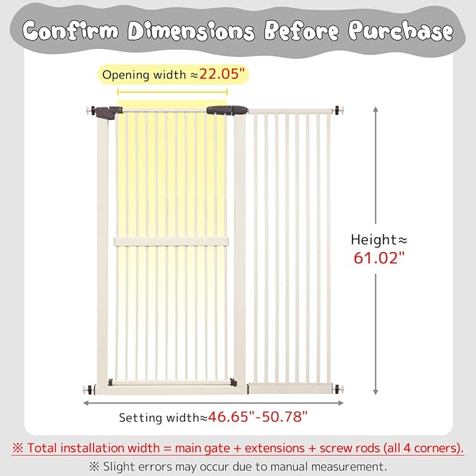 Lumizone Extra Tall Cat Gate 61.02" High Pressure Mounted Extra Wide 46.65"-50.78" (17Sizes) 1.37" Gap No Drilling Auto-Close Tall Pet Gate for Dogs (Cream, 46.65"-50.78"/118.5-128.5cm)