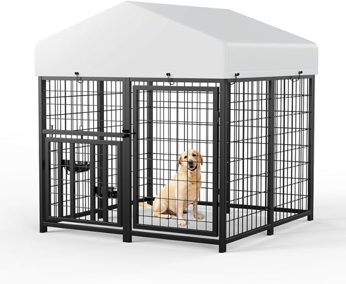 ROOMTEC Large Dog Kennel Outdoor Pet Pens Dogs Run Enclosure Animal Hutch Metal Coop Fence with Roof Cover (4'L x 4'W x 4.25'H)