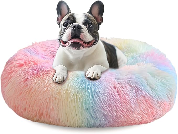 JOLLYVOGUE Medium Calming Dog Bed, Anti-Anxiety Donut Cuddler Cat Bed with Anti-Slip Bottom, Fluffy Faux Fur Machine Washable Pet Cushion for Medium Dog & Cat, 27"/Rainbow