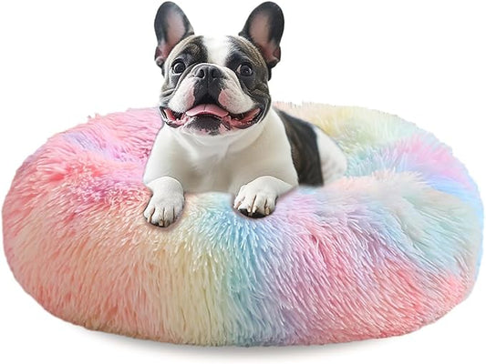 JOLLYVOGUE Medium Calming Dog Bed, Anti-Anxiety Donut Cuddler Cat Bed with Anti-Slip Bottom, Fluffy Faux Fur Machine Washable Pet Cushion for Medium Dog & Cat, 27"/Rainbow