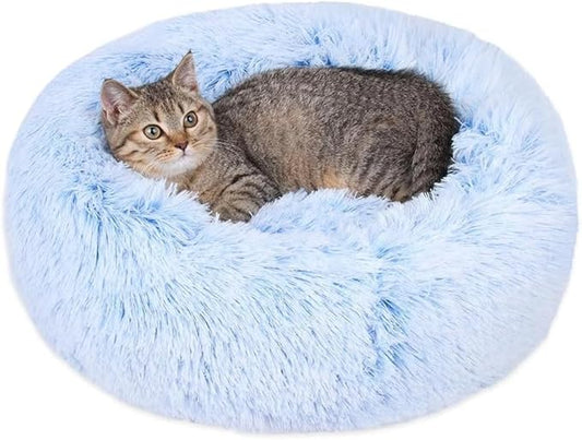 Cat Beds for Indoor Cats - Cat Bed Washable 24 inches, Dog Beds for Small Medium Dogs, Anti Anxiety Round Fluffy Plush Faux Fur Cat Bed, Thick Bottom (Cornflower Blue, Large 24" L x 24" W)