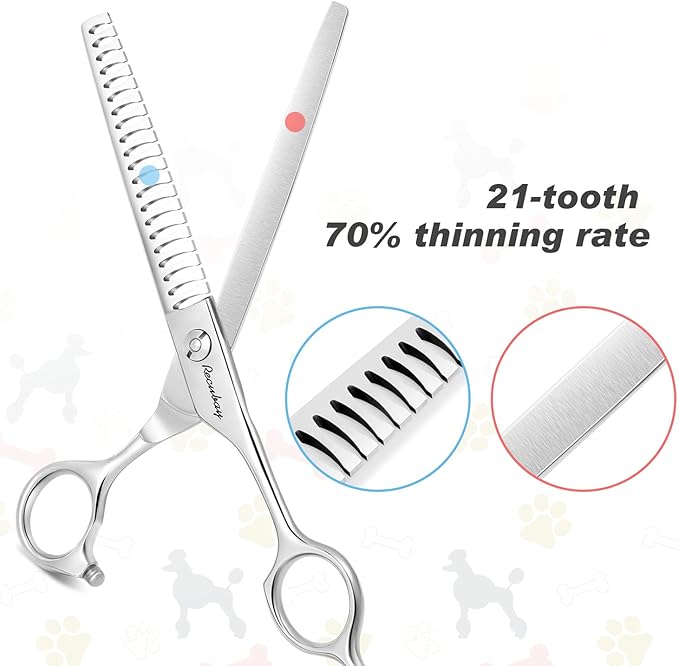Dog Cat Scissors for Grooming, Pet Shears for Thick Coats and Matted Hair, Thinner Curved Straight Chunker Stainless Steel Shears (7.0" Chunker Silver)