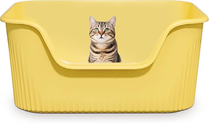 Large Cat Litter Box with High Sides 21.5 * 16.1 * 10.4 inches Big Litter Boxes for Large Cats Easy Clean Open Litter Box, Anti-Splashing&Leak-Proof, Yellow