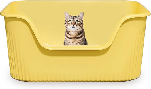 Large Cat Litter Box with High Sides 21.5 * 16.1 * 10.4 inches Big Litter Boxes for Large Cats Easy Clean Open Litter Box, Anti-Splashing&Leak-Proof, Yellow