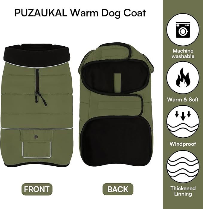 Dog Coat, Large Dog Jacket, Windproof Dogs Puffer Jacket, Fleece Lined Warm Dogs Winter Coat with Harness Hole(Army Green 3XL)
