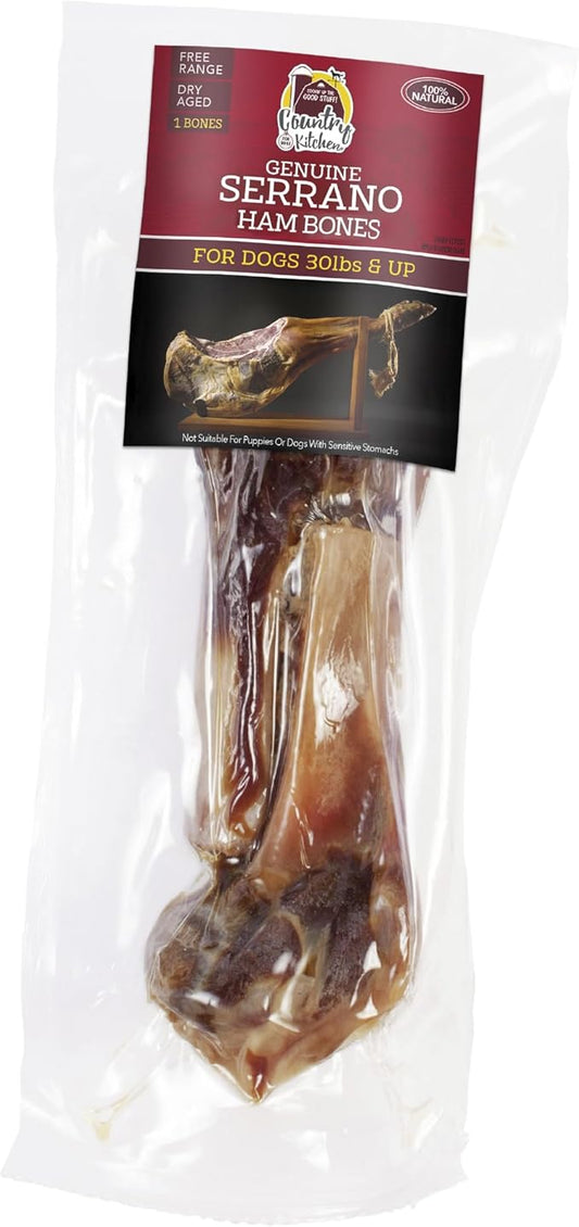Country Kitchen Genuine Serrano Ham Bone, 100% Natural, Dry Aged, for Medium Sized Dogs, Pack of 1