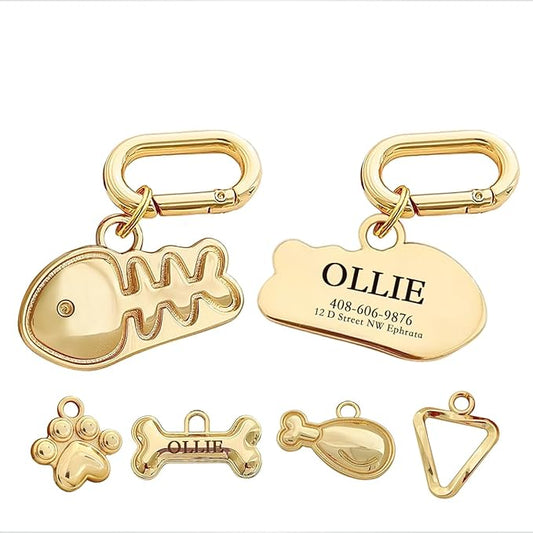 Dogs ID Tags Personalized Double Sided Deep Engraved Cat & Dog Collar Charm Fishbone Balloon Shape Brass