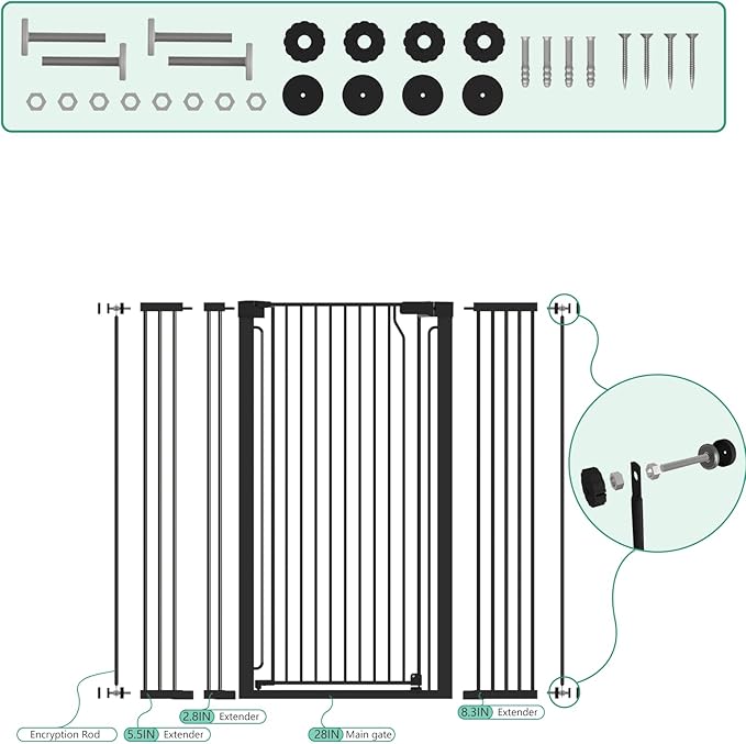 51" Extra Tall Cat Gate for Doorway Auto Close Encrypted Cat Gate 28.5"-48.7" Adjustable Width Pet Gate Include 5.5" and 8.26" Extension Kits No Drilling Pressure Mount Kit
