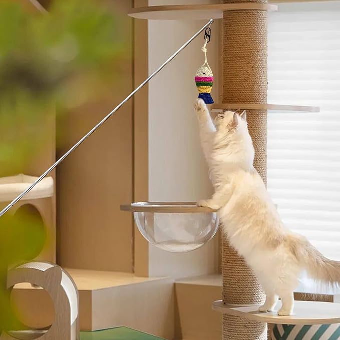 Retractable Cat Wand, 7 Pack Super Long 55.1" Wand Toy with Ball of Yarn, Feather Teasers - Interactive Indoor Cat Toys for Kittens & Cats