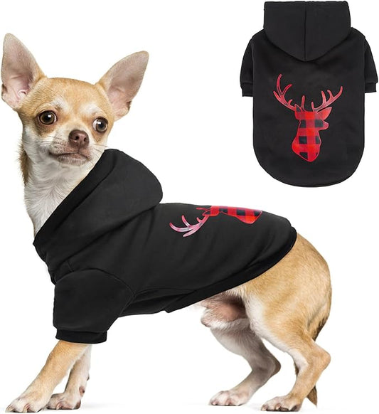 SCENEREAL Christmas Dog Hoodie with Leash Hole, Warm & Soft Fleece Pet Sweater & Sweatshirt for Small Medium Large Dogs, Xmas Elk Print Pets Clothes Cold Weather Costume, XS