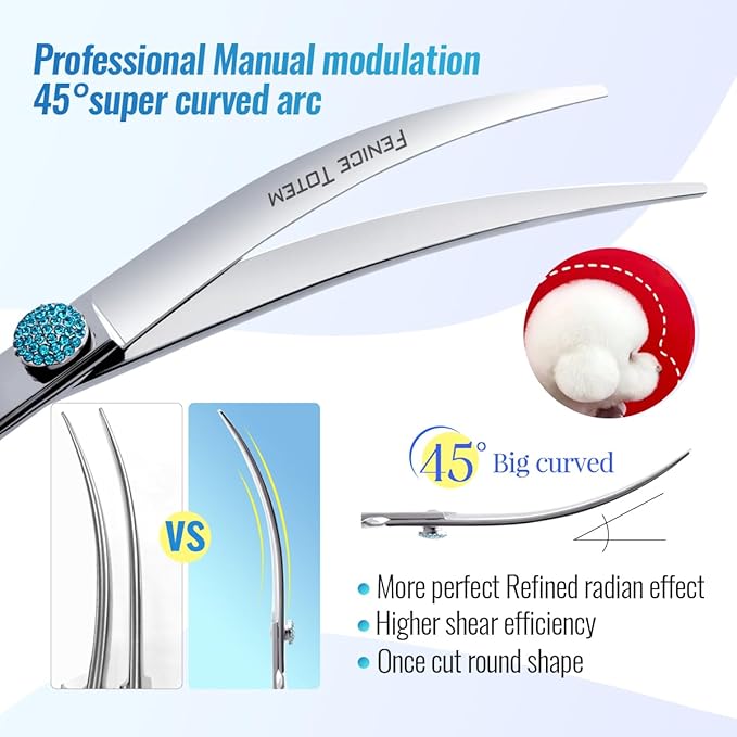 Fenice Professional Grooming Curved Shear: 45 Degree Super Curves Scissors for Dogs 6.5" Big Arc Curved Shears Made Of Japanese 440C Stainless Steel