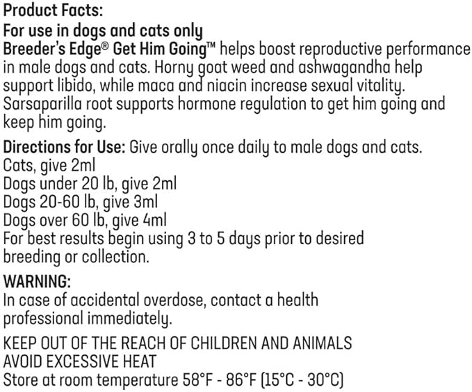 Breeder’s Edge Get Him Going, Reproductive Performance Supplement for Male Dogs and Cats, Supports Libido, Energy, Hormone Balance and Fertility, Horny Goat Weed, Maca, Ashwagandha, Made in USA, 30 ml