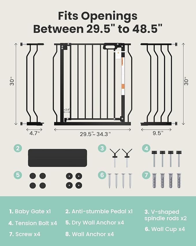 Mom's Choice-GROWNSY Baby Gate for Stairs, 29.5"-48.4" Pressure Mounted Baby Gate for Top of Stair&Doorway with Y-Spindle Rods, Anti-Trip Pedal, Wide Stairs Dog Gate Easy Install w/Red Reminder,Black