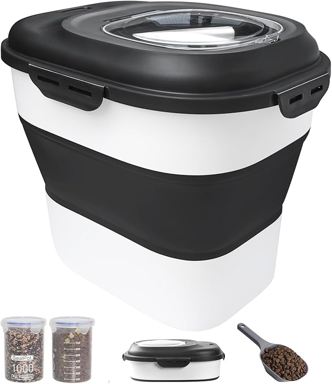 30-35 Lbs Dog Food Storage Container Collapsible Dog Food Container with Airtight Lids, Wheels, Scoop and 2pcs Food Storage Containers, Large Pet food storage for Dog, Cat (Black)
