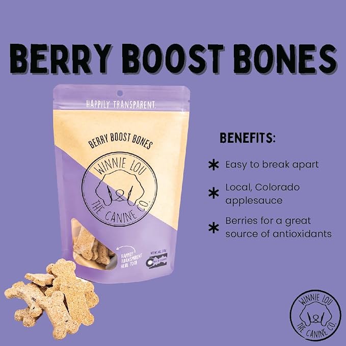 Winnie Lou Organic Healthy Dog Treats – All Natural Crunchy Dog Biscuits Made in USA with Organic Ingredients from Colorado Farms – for Small, Medium, Large Dogs - Berry Boost Bones (Pack of 2)