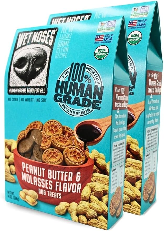 All Natural Dog Treats, Made in USA, 100% USDA Certified Organic, Non-GMO Project Verified, 14 Oz Box, Peanut Butter & Molasses Flavor, 2 -Pack
