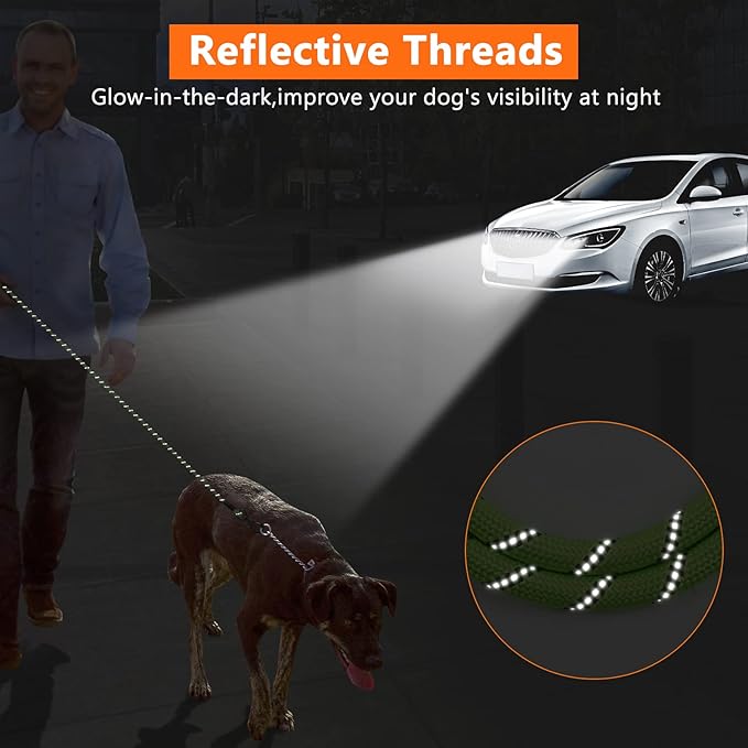 NTR Heavy Duty Dog Leash, 15FT Training Leash with Swivel Lockable Hook, Padded Handle and Highly Reflective Threads, Dog Lead for Walking, Hunting, Camping, Backyard for Small Medium Large Dog Green