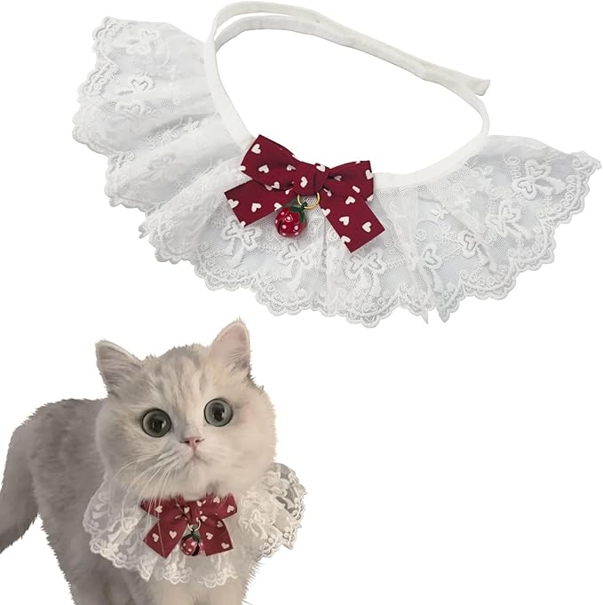 Elegant Lace Cat Collar with Cute Bow,Kitty Necklace with Bow Tie and Strawberry Small Bell,Pet Lace Bib Collar with Cute Bow,Cat Princess Costumes,Red,1 Piece