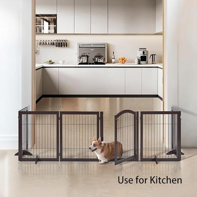 unipaws 144" Extra Wide Dog Gate and Playpen, Free Standing 31.5" Tall Pet Fence with Walk Through Door, Barriers for Home, Use as Indoor Dogs Cats Rabbit Pen, Espresso