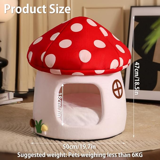 Cute Cat Bed Cave for Indoor Highland Mushroom Shaped Pet Plush House Self-Warming Nest Small Dogs Rabbits with Removable Cushion for Puppy Bed with Hanging Toy (Red Mushroom)