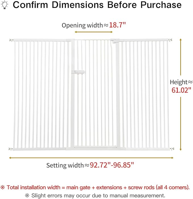 Lumizone Extra Tall Cat Gate 61.02" High Pressure Mounted Extra Wide 2025 New (17 Sizes) 1.37" Gap No Drilling Auto-Close One-Handed Operation Tall Pet Gate for Dogs(White, 92.72"-96.85"/235.5-246CM)