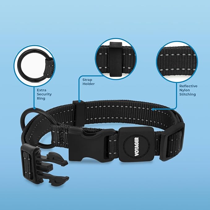 Voyager Reflective Dog Leash Collar Set with Neoprene Handle Supports Small, Medium, and Large Breed Puppies, Cute and Heavy Duty for Walking, Running, and Training - Black, L