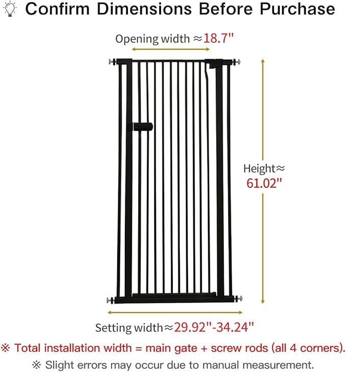 Lumizone Extra Tall Cat Gate 61.02" High Pressure Mounted Extra Wide 2025 New (17 Sizes) 1.37" Gap No Drilling Auto-Close One-Handed Operation Tall Pet Gate for Dogs(Black, 29.92"-34.24"/76-86.5cm)