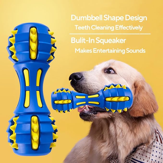 AUSCAT Teething Dog Chew Toys, Durable Squeaky Dog Toys, Rubber Chew Toys for Dogs, Dumbbell Shape, Blue