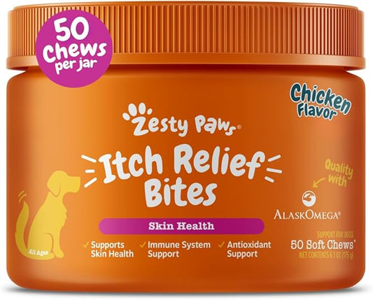 Zesty Paws Itch Relief for Dogs - for Itching Skin & Coat Health - Omega-3 Fish Oil with EPA & DHA - Dog Bites Supplement with Vitamin C & E for Antioxidant Support - Chicken Flavor - 50 Count
