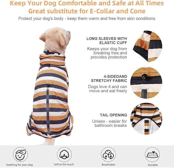 Dog Pajamas for Large Dogs,Extra Large Stretch, Suitable for Adult, Medium-Sized Dogs, Large Pet Jumpsuit Four-Legged Dog Clothes, Pet Clothing. (Yellow-Black Bar, 2XL)