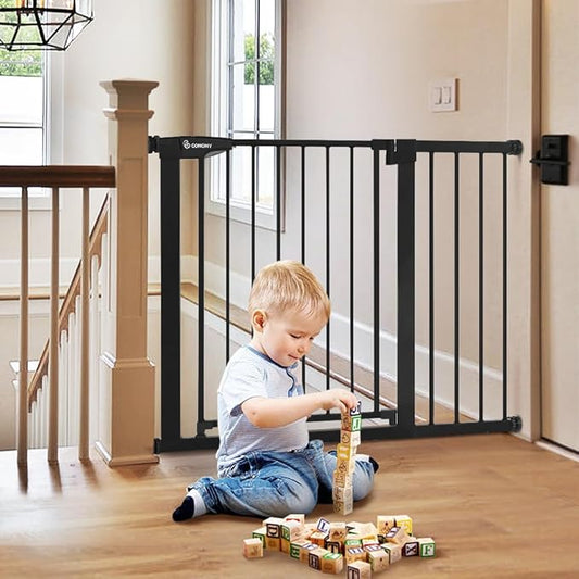 COMOMY 30" Tall Baby Gate for Stairs Doorways, Fits Openings 29.5" to 43.3" Wide, Auto Close Extra Wide Dog Gate for House, Pressure Mounted Easy Walk Through Pet Gate with Door, Black