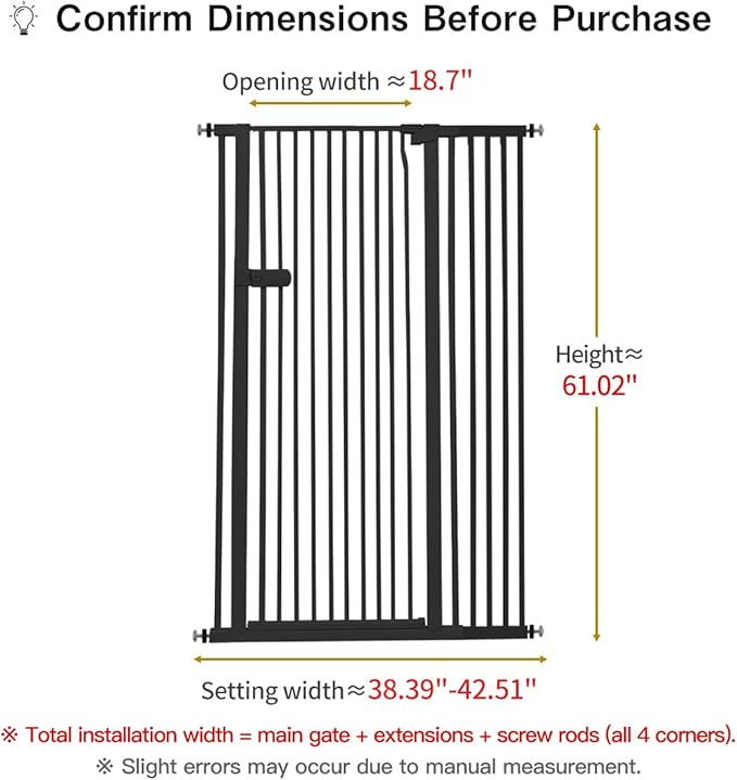 Lumizone Extra Tall Cat Gate 61.02" High Pressure Mounted Extra Wide 2025 New (17 Sizes) 1.37" Gap No Drilling Auto-Close One-Handed Operation Tall Pet Gate for Dogs(Black, 38.39"-42.51"/97.5-107.5CM)