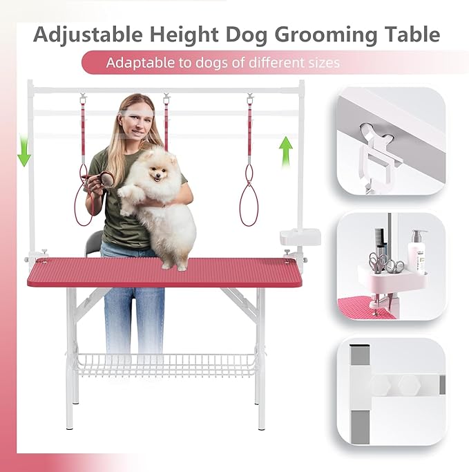 47'' Dog Grooming Table with Adjustable Arm, Foldable Pet Grooming Table for Dogs at Home, Large Grooming Station with Mesh Tray & ABS Tool Holder, Non-Slip Waterproof Surface, Capacity up to 330lbs