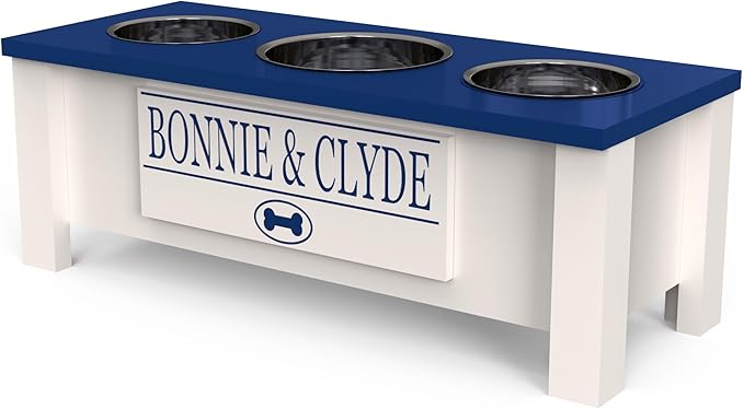 GrooveThis Woodshop - Personalized Elevated Triple Dog Bowl Stand for Large, Medium, Small, X-Small Dogs - 3 Stainless Steel Food and Water Bowls - Raised Dog Dish with Internal Storage (Medium, Blue)